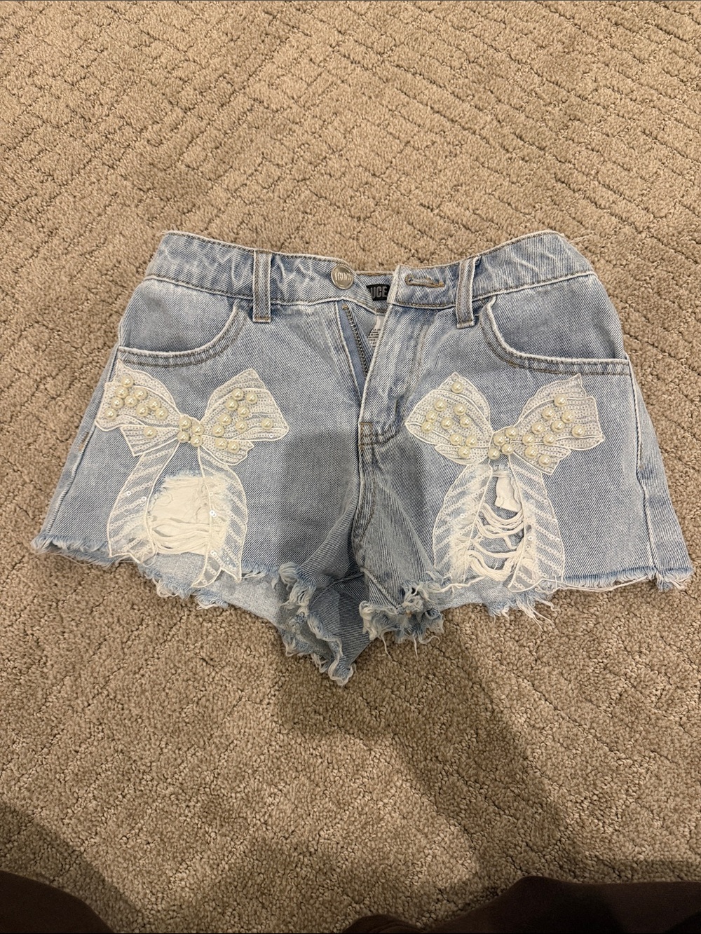 Girls Light Blue Denim Jean Shorts with Pearl Bow Appliqués